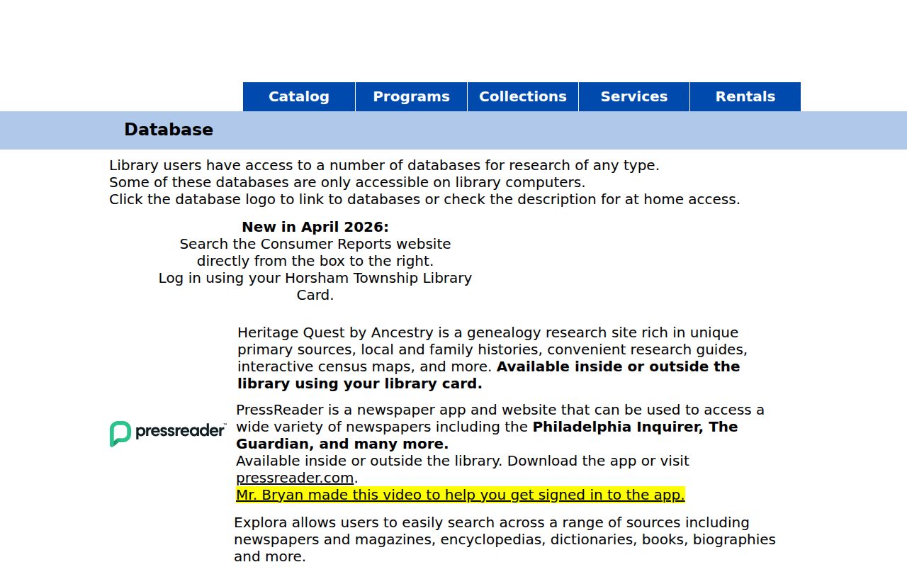 Horsham Township city directory research through the library databases page