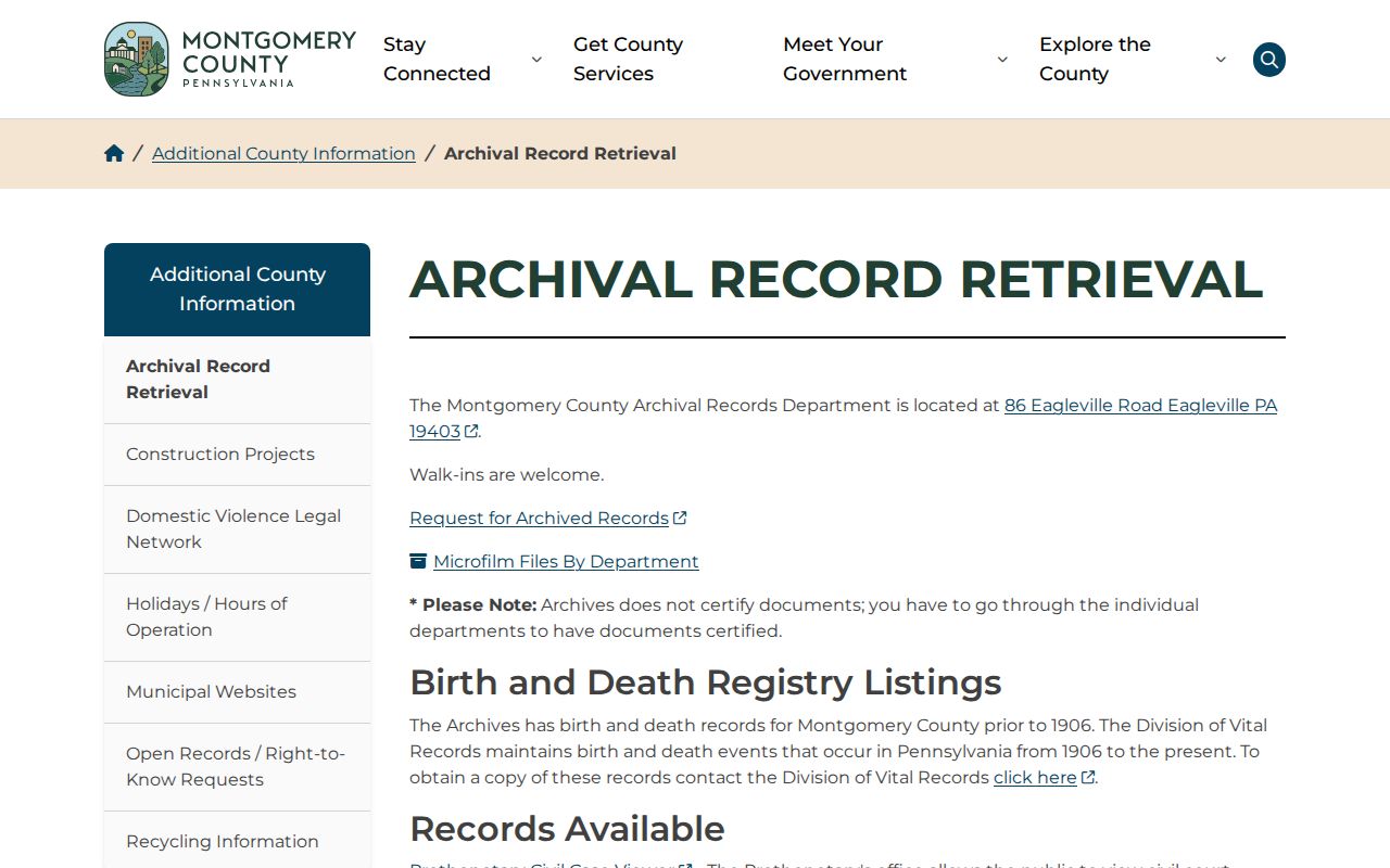 Horsham Township previous residents Montgomery County Archives retrieval page
